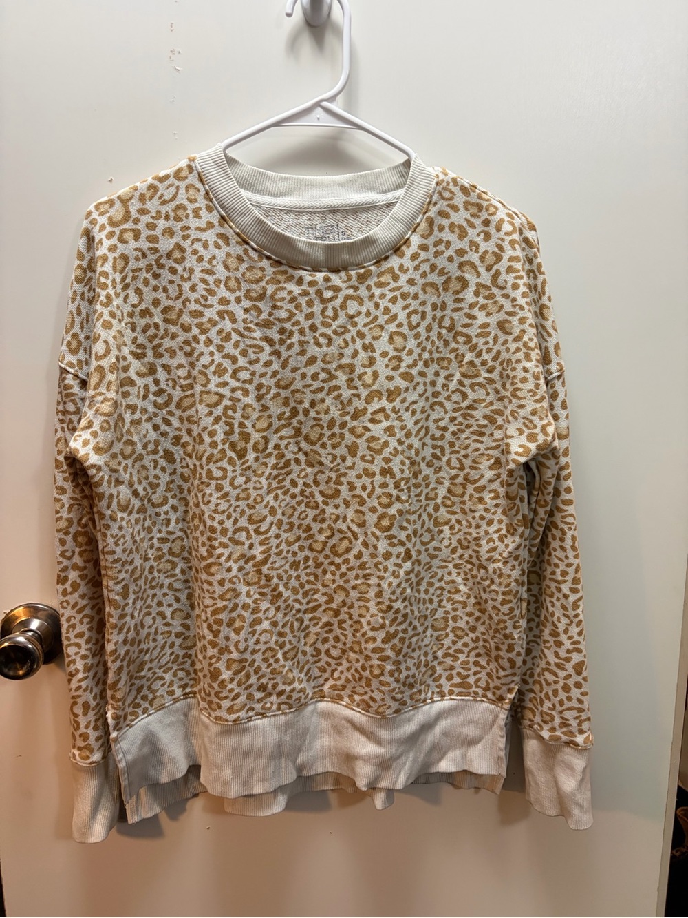 Time and Tru Cream and Tan Leopard Print Crewneck Sweater